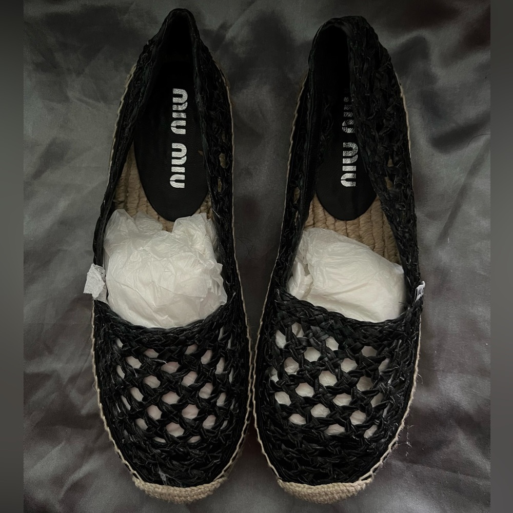 Miu Miu Leather Crochet Espadrilles Black